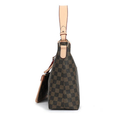 Brown check slouch bag with clutch bag a set and long strap - 5329