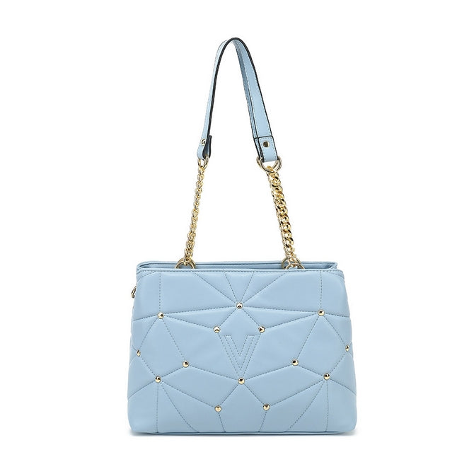 Pale blue quilted studded tote bag with middle compartment - K7313