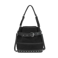 Black suede bucket bag with long straps - P530