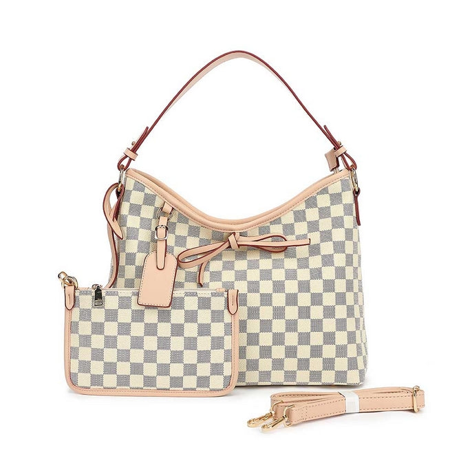 Beige check slouch bag with clutch bag a set and long strap - 5329