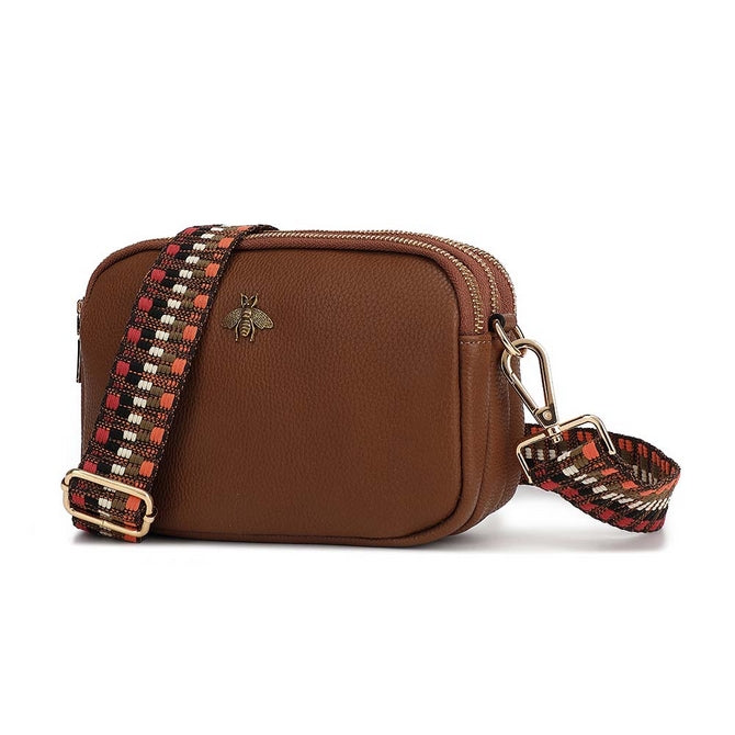 Brown bumblebee leather look cross body bag three compartments with multiple long strap - K7500 ( back in store )