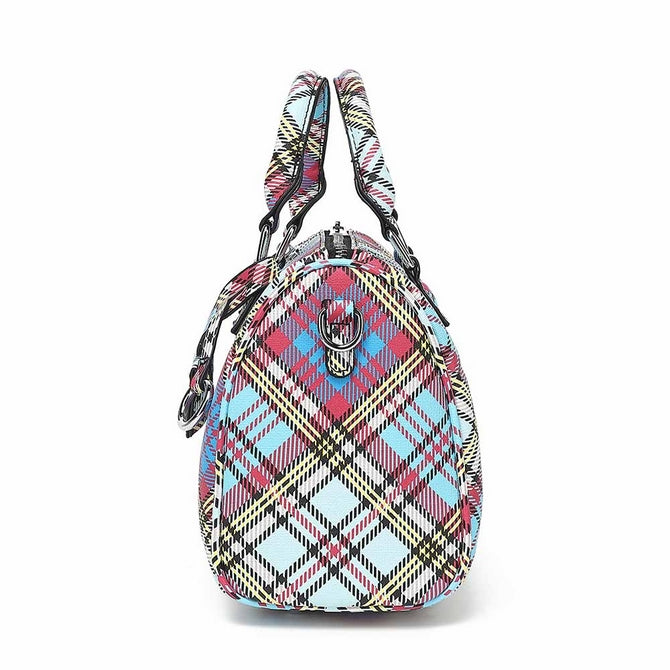 Blue New check print top handle bag with long strap - K465