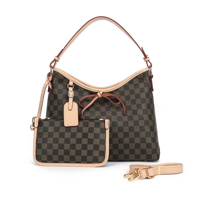 Brown check slouch bag with clutch bag a set and long strap - 5329