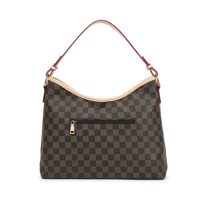 Brown check slouch bag with clutch bag a set and long strap - 5329