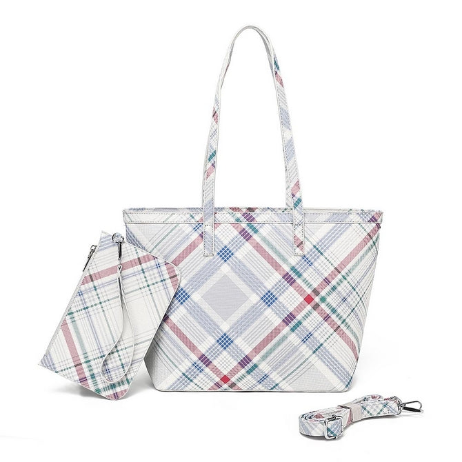 Blue New check print tote bag long strap with clutches a set - K468