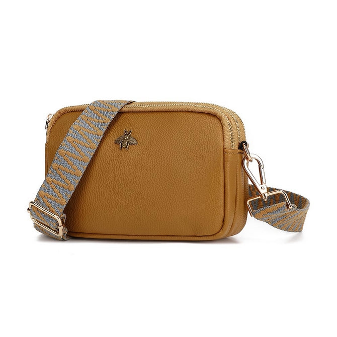 Mustard bumblebee leather look cross body bag three compartments with multiple long strap - K7500 ( back in store )