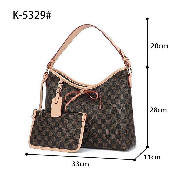 Brown check slouch bag with clutch bag a set and long strap - 5329