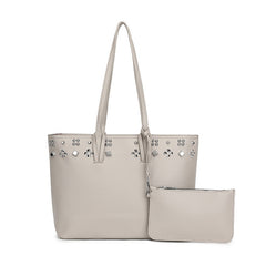 Grey tote bag studd red lining with clutch a set - K0113