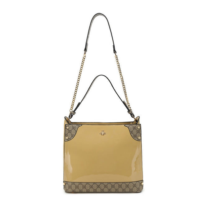 Beige bumblebee patent leather look shoulder bag with long strap - K1099