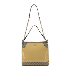 Beige bumblebee patent leather look shoulder bag with long strap - K1099