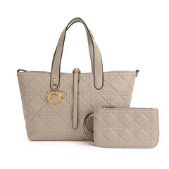 Beige quilted tote bag with clutch bag a set - 1698