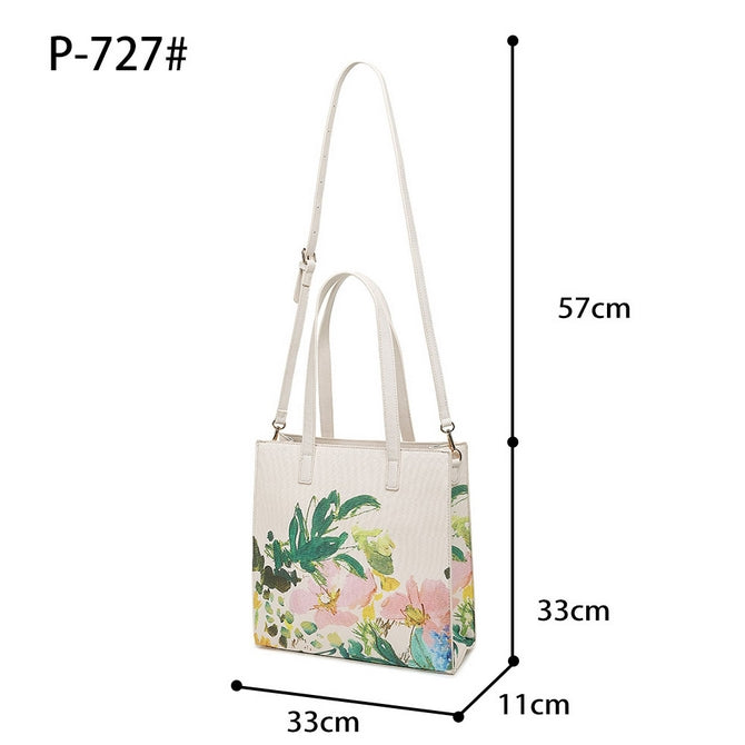 Cream flower Tote bag with long straps - 727