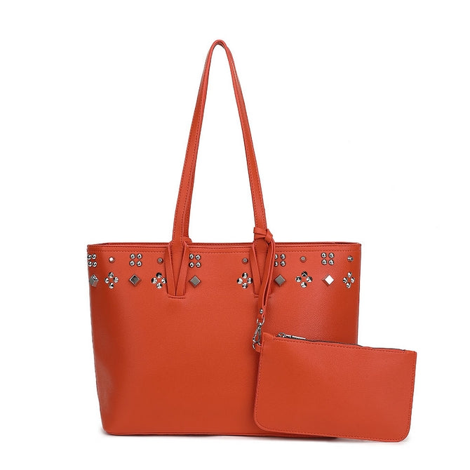 Orange tote bag studd red lining with clutch a set - K0113