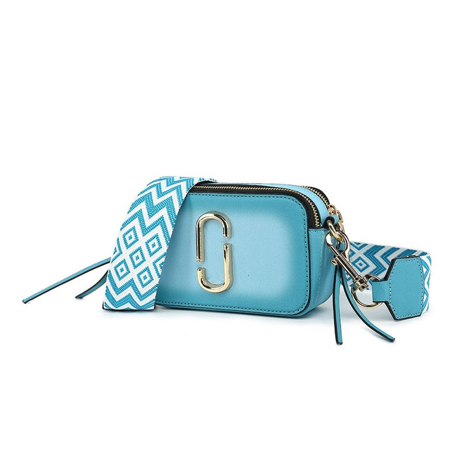 Blue Snapshot cross body bag with multicolour strap - K929