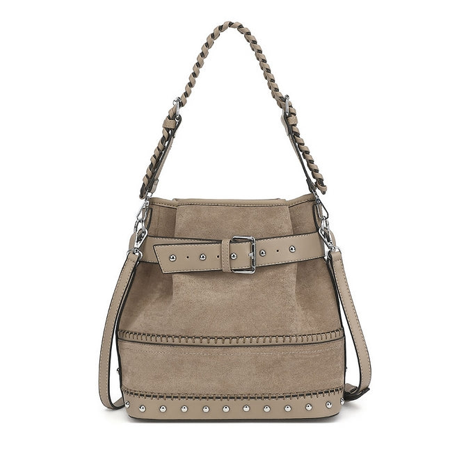 Taupe suede bucket bag with long straps - P530