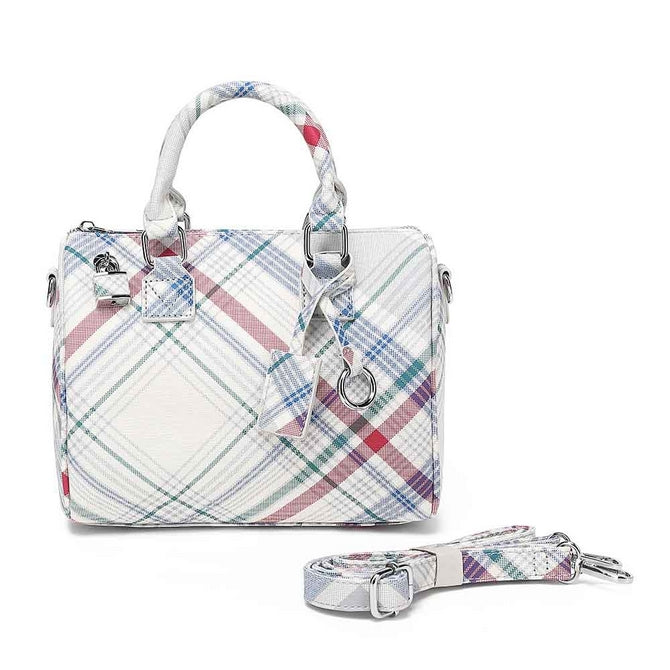 Blue New check print top handle bag with long strap - K465