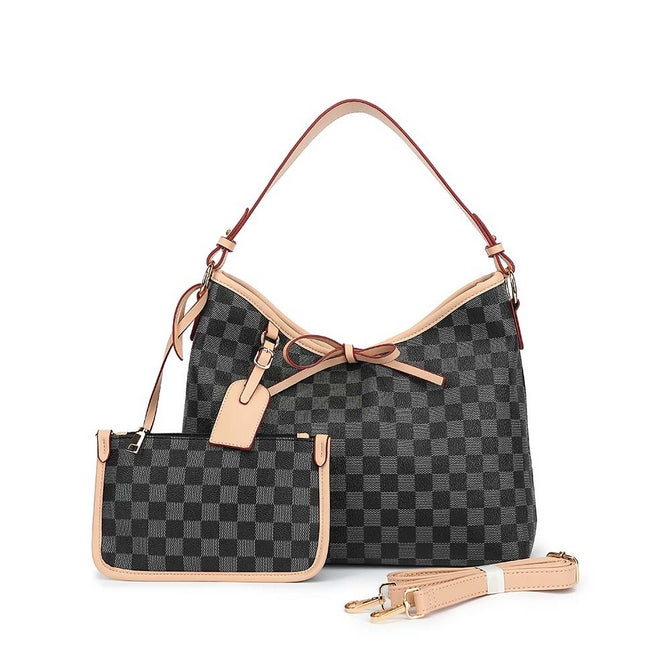 Black check slouch bag with clutch bag a set and long strap - 5329