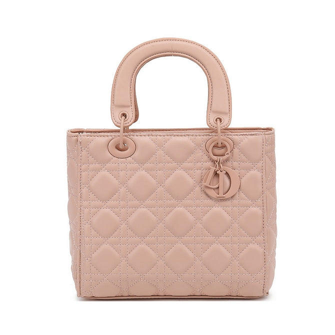 Pink leather look quilted top handle bags with long strap - K520