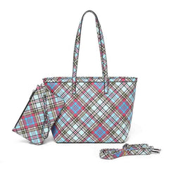 Multi New check print tote bag long strap with clutches a set - K468