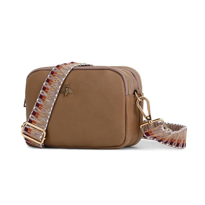 Taupe bumblebee leather look cross body bag three compartments with multiple long strap - K7500 ( back in store )