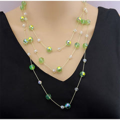 EUR411 Shimmery beaded long necklace in Green